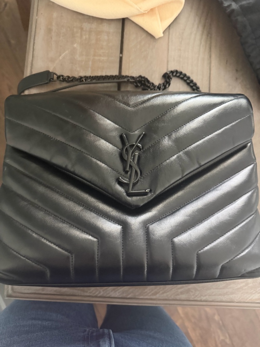Saint Laurent Black Quilted Chevron Leather Shoulder Bag with YSL Logo